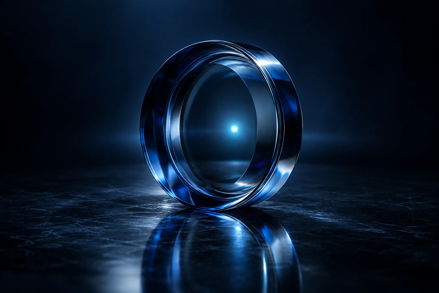 Sculptural blue optical glass focusing light on a single point